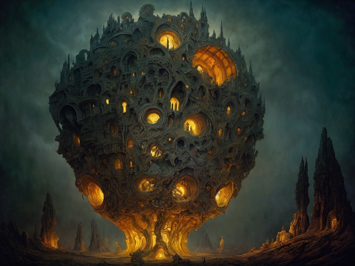 Surreal Structure Resembling a Giant Glowing Tree
