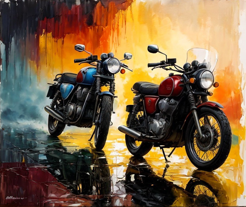 Vintage Motorcycles on Colorful Wet Pavement