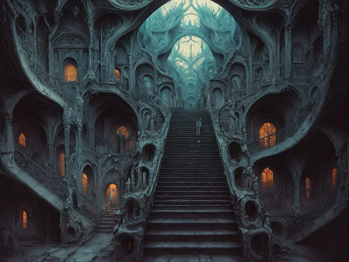 Surreal Staircase in a Fantastical Cavernous Structure