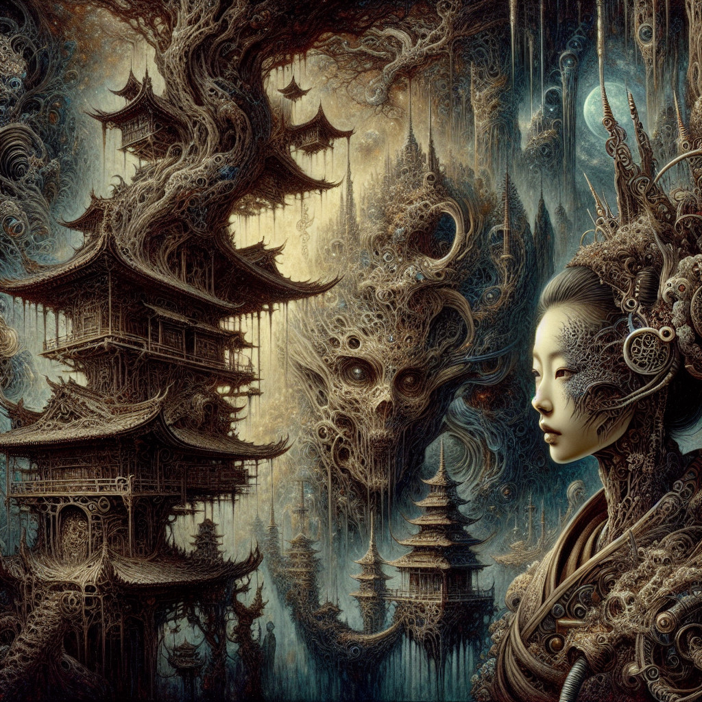 Surreal Landscape with Pagoda and Mystical Creatures