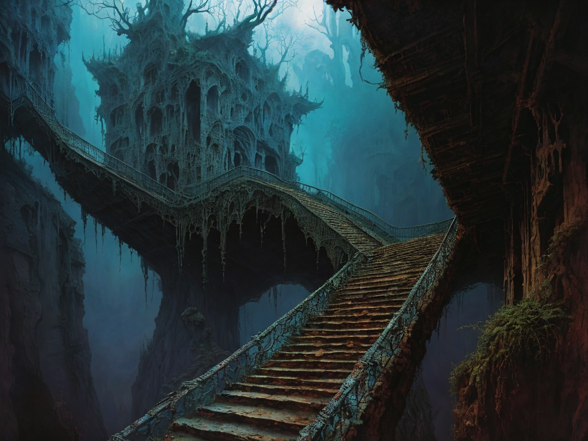 Enchanted Landscape with Staircase and Decaying Structure