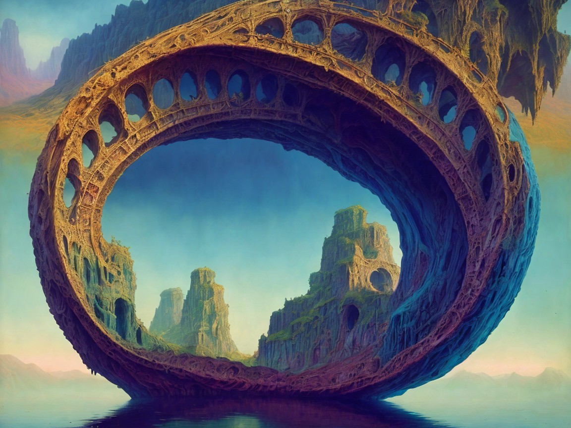 Surreal Landscape with Floating Arch and Tranquil Water