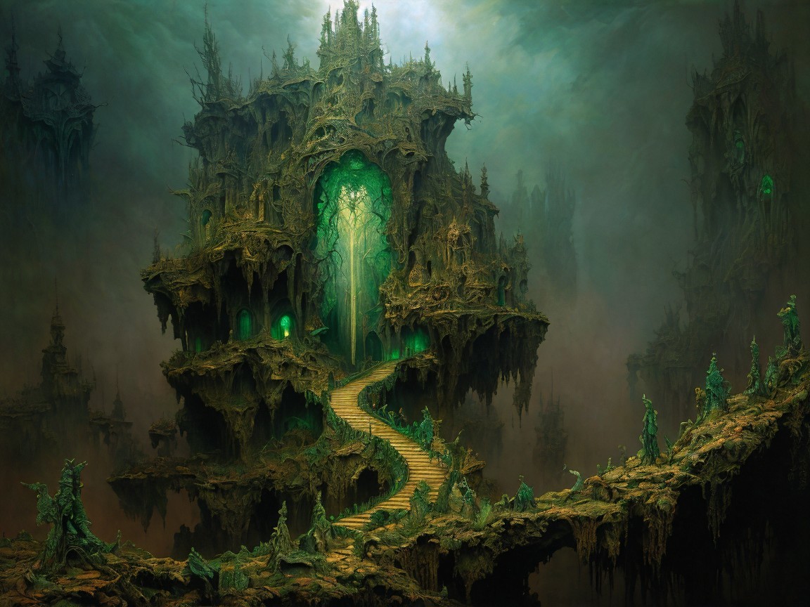 Fantastical Landscape with Towering Structures and Vines