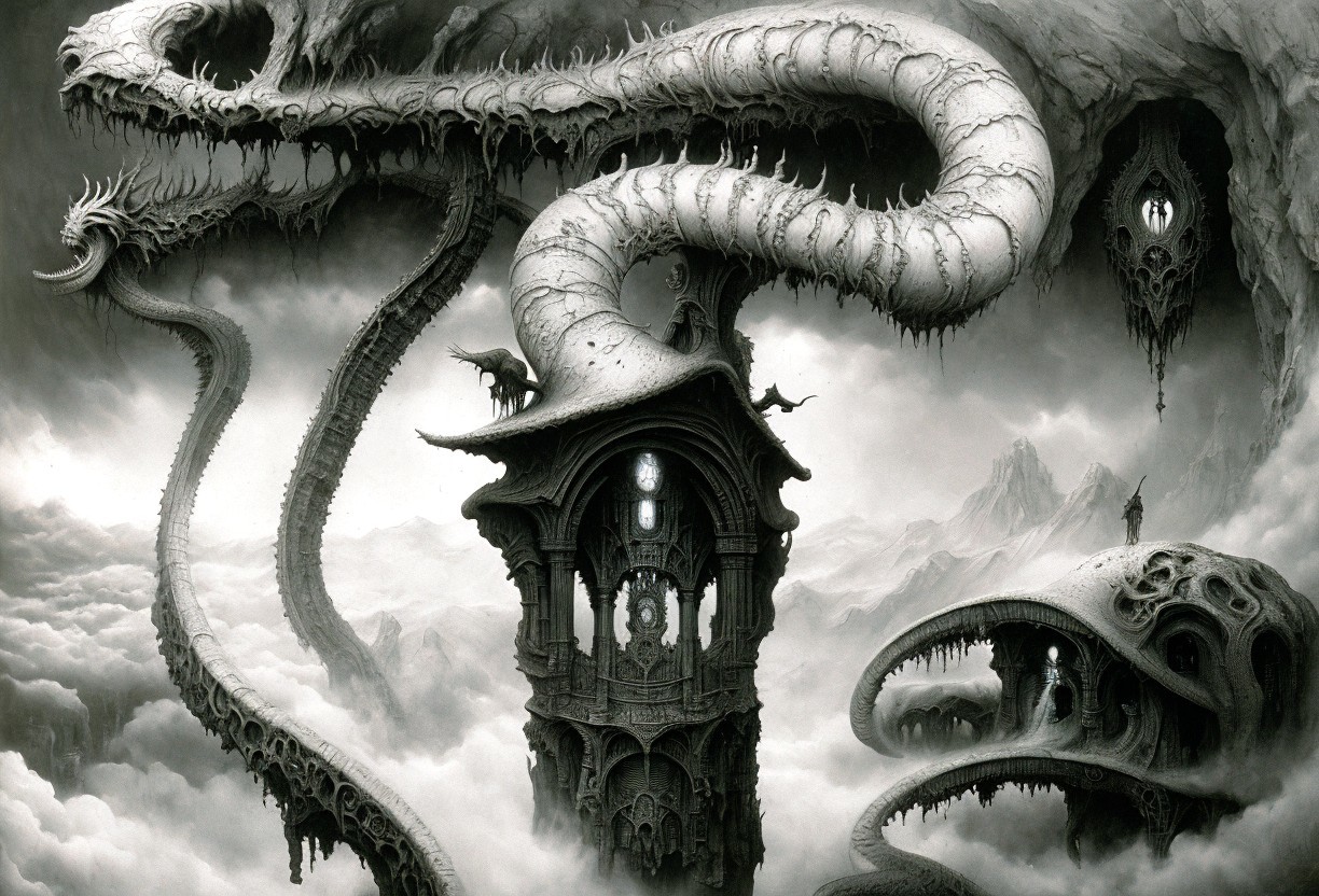 Surreal Monochromatic Landscape with Serpentine Creature
