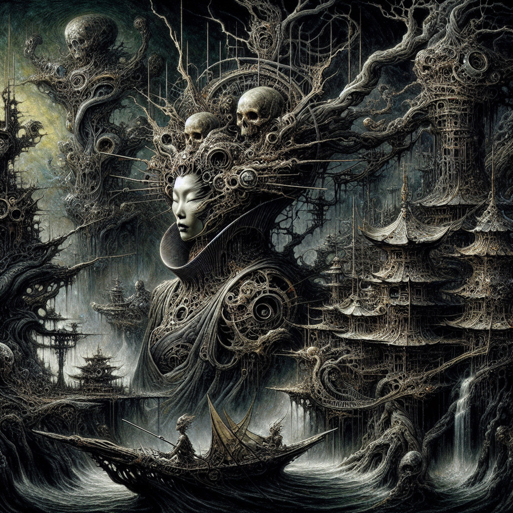 Surreal Landscape with Organic Structures and Figures
