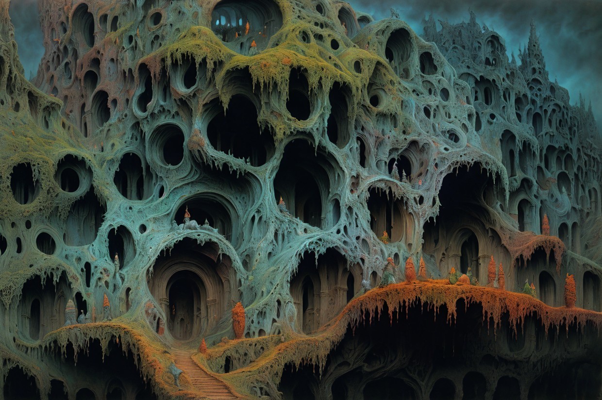 Surreal Cave Landscape with Organic Structures and Colors