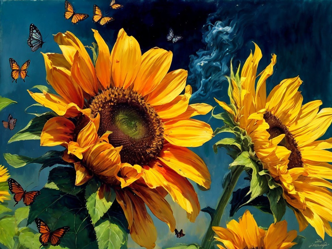 Vibrant Sunflowers with Butterflies in Dynamic Background