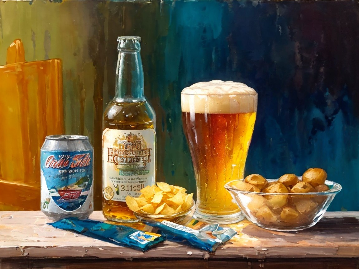 Vibrant Still Life with Beer and Snacks Composition