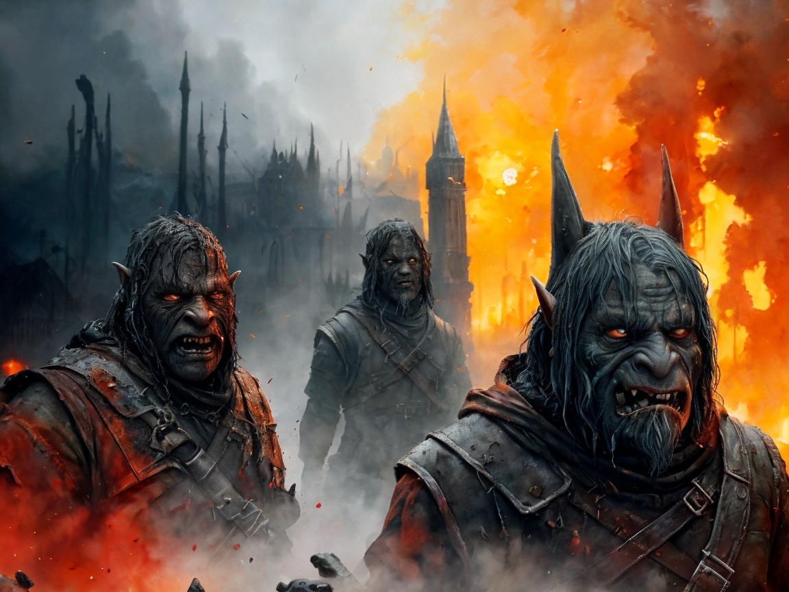 Orc Warriors in a Fiery, Chaotic Landscape