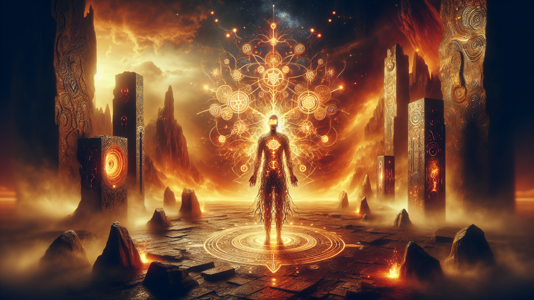 Radiant Figure in Mystical Landscape with Monoliths