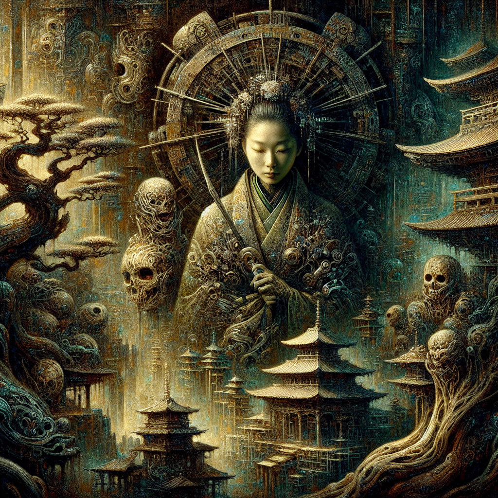 Serene Woman in Traditional Attire with Sword and Temples