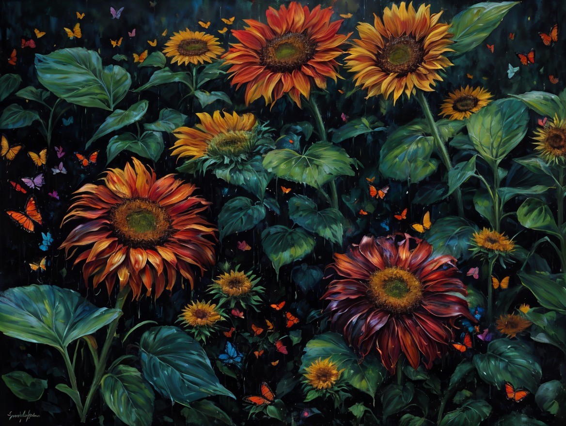 Vibrant garden scene with sunflowers and butterflies