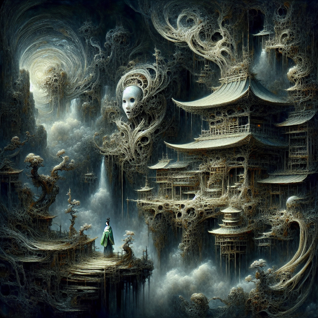 Surreal Landscape with Swirling Structures and Figure