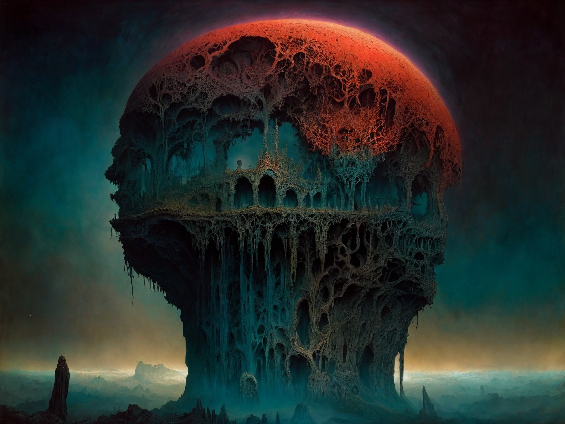 Surreal landscape with a skull-like head and red orb
