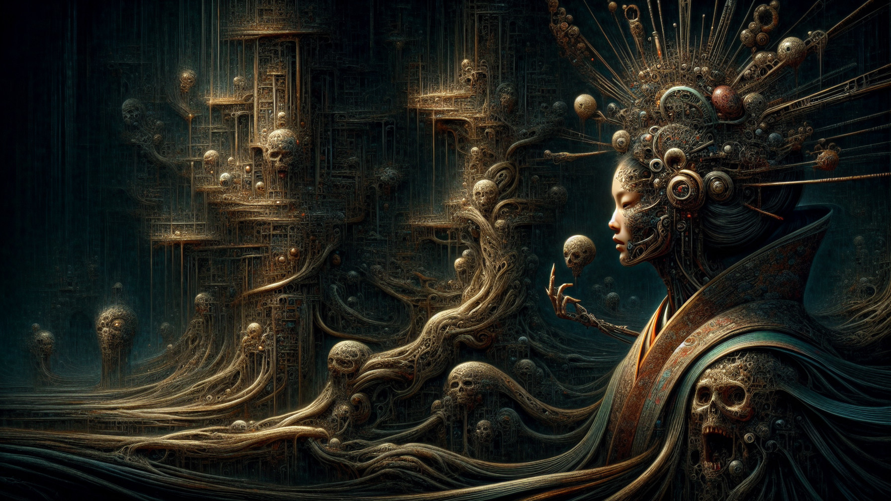 Surreal Dark Fantasy Scene with Mystical Figure and Skulls