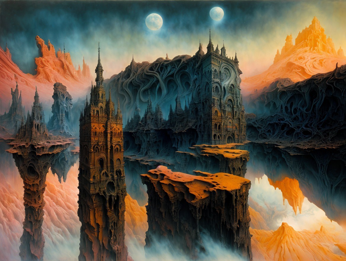 Surreal landscape with spires and two moons in mist
