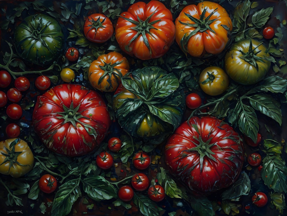 Vibrant Arrangement of Colorful Tomatoes and Leaves