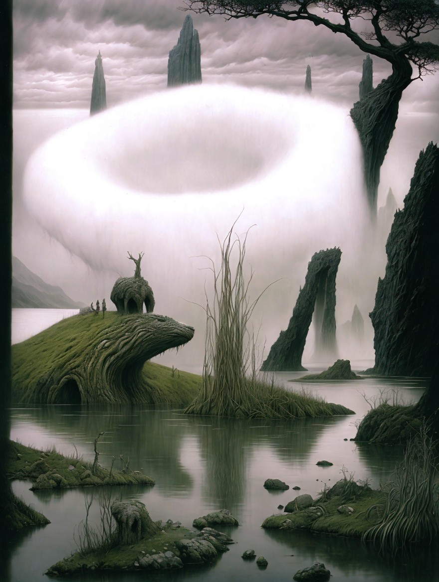 Surreal Landscape with Jagged Rocks and Ethereal Light