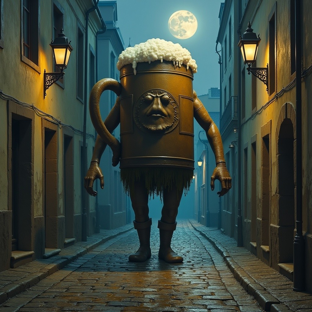 Whimsical Giant Beer Mug Character in Dim Alley