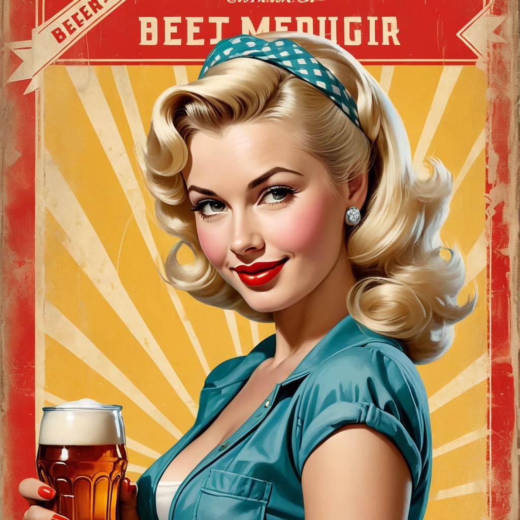 Vintage Illustration of Glamorous Woman with Beer