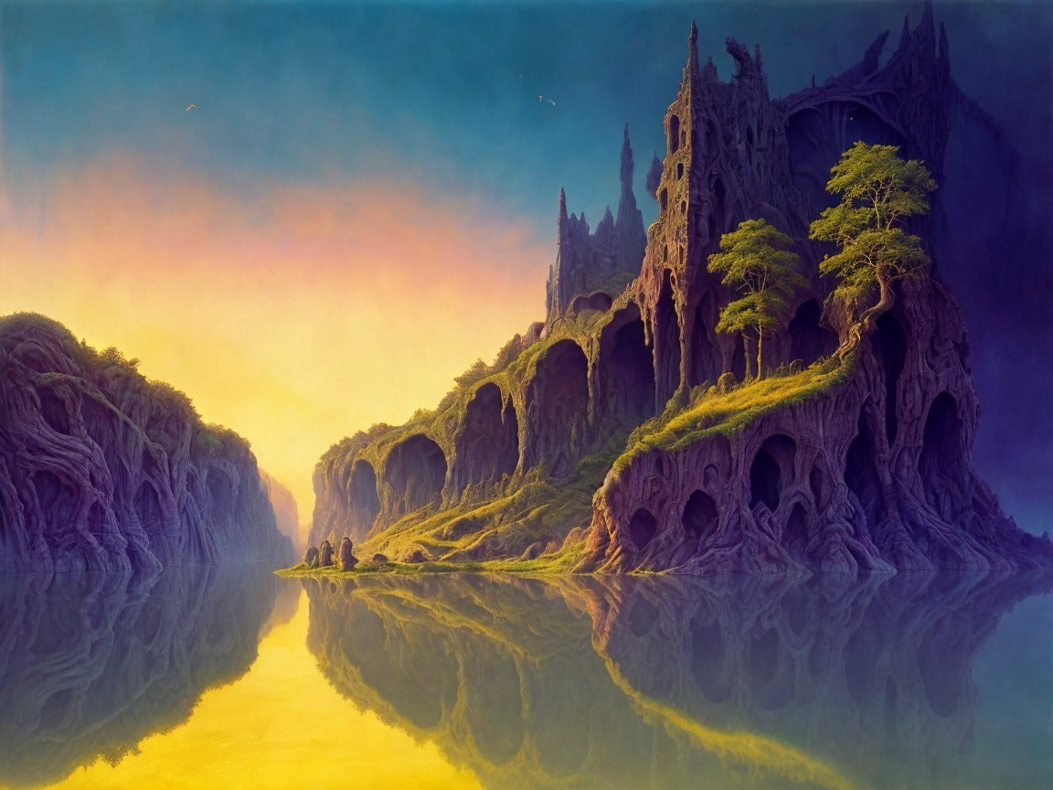 Surreal Landscape with Rock Formations and Reflections