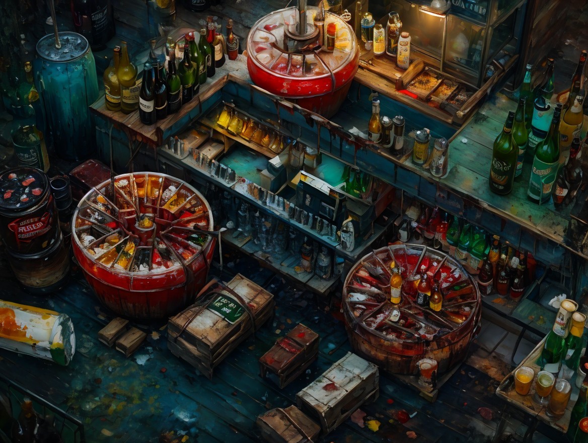 Vibrant Bar Scene with Circular Displays and Bottles