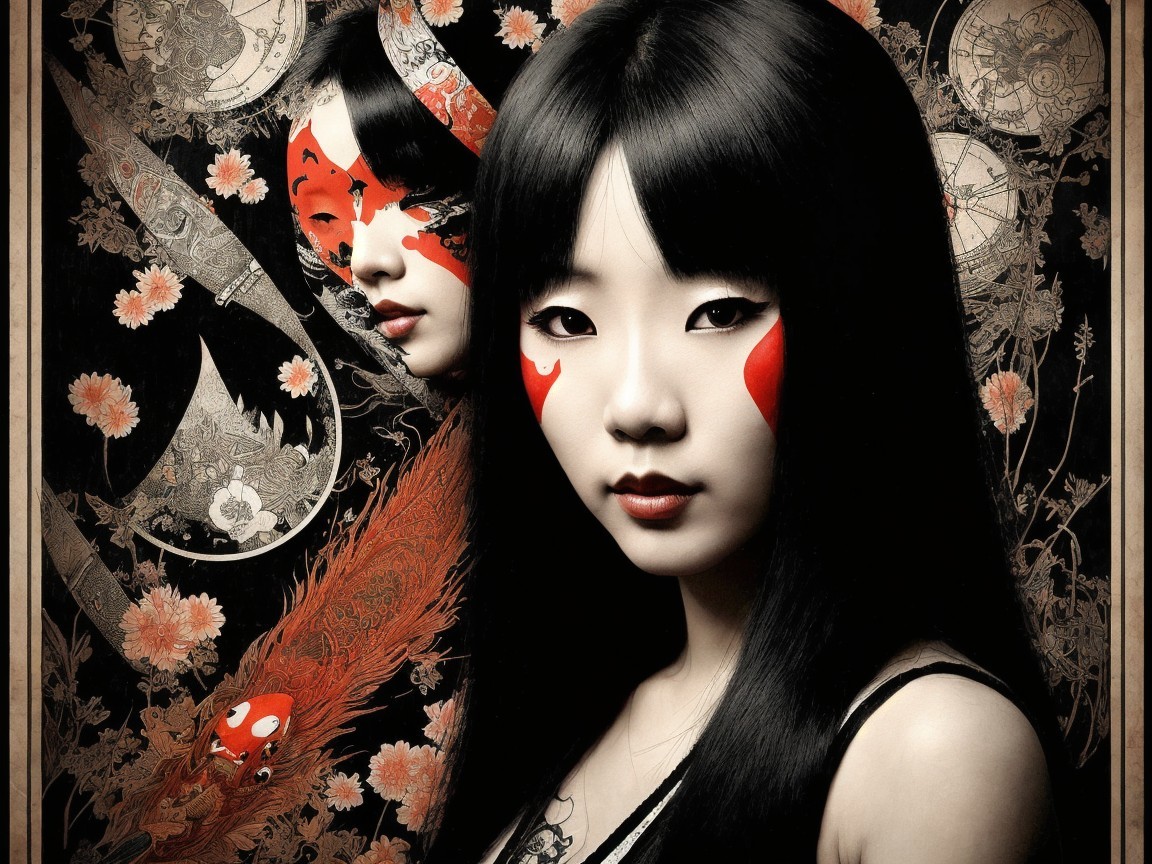 Young Women with Black Hair and Red Face Paint