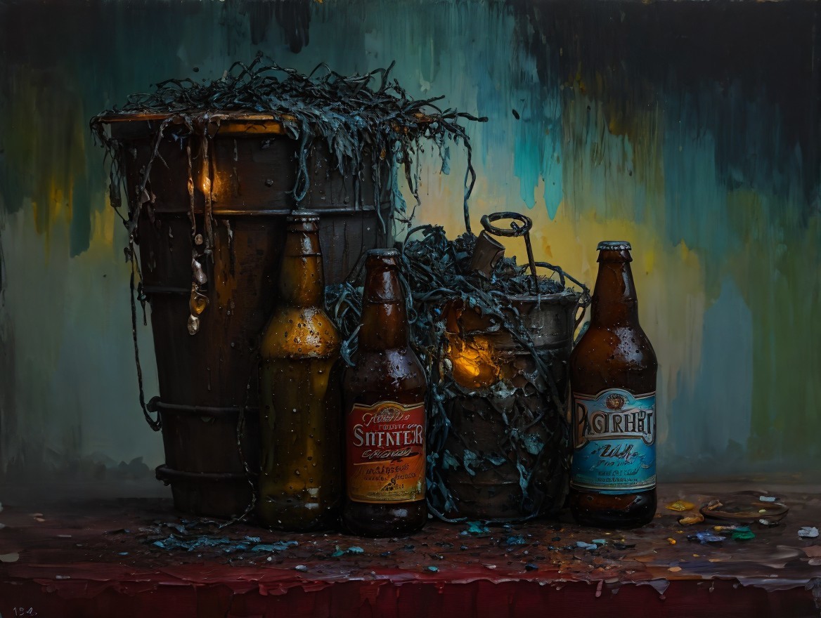 Still Life with Vintage Beer Bottles and Rustic Table