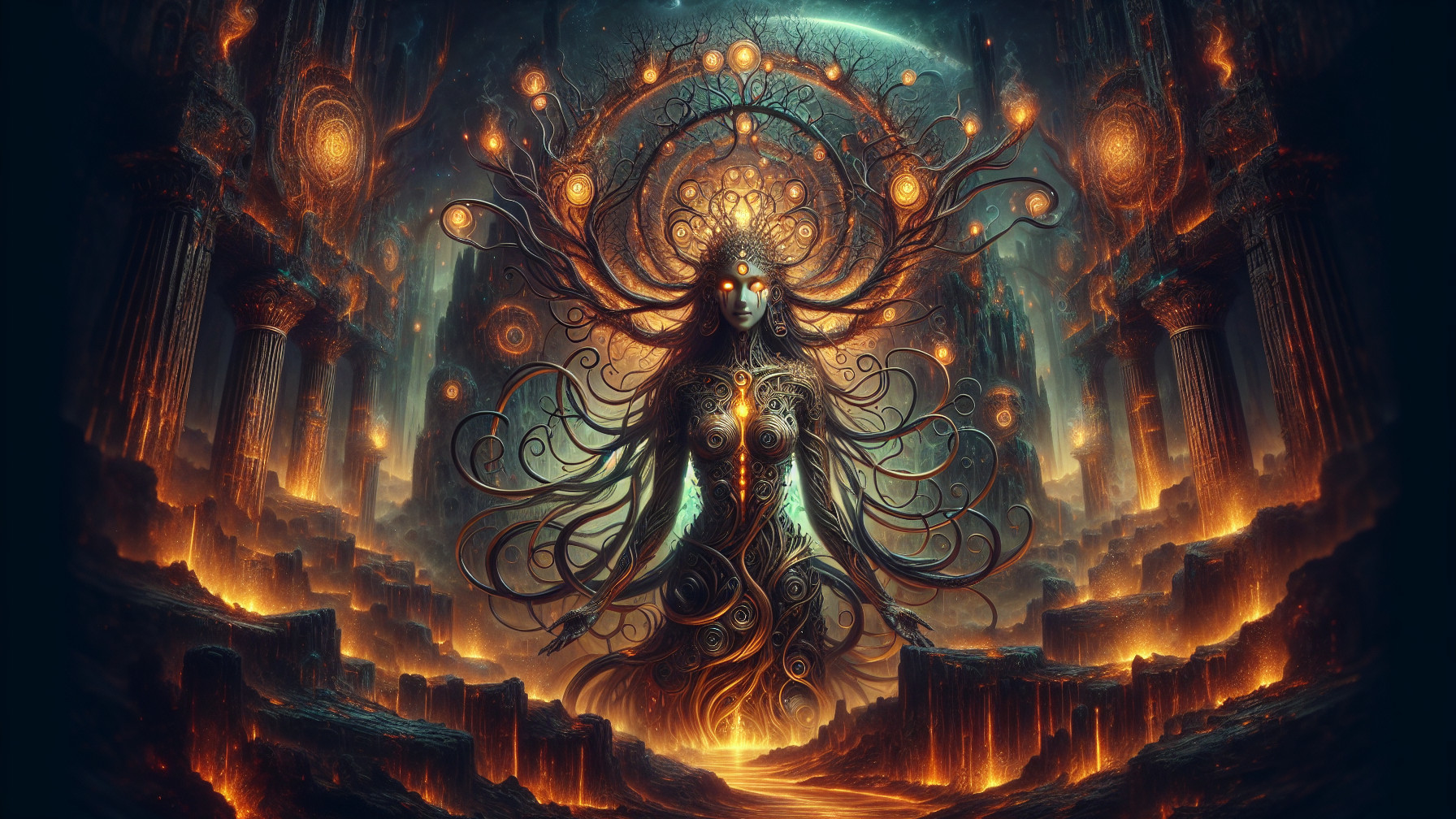 Ethereal Figure Surrounded by Glowing Orbs and Temple