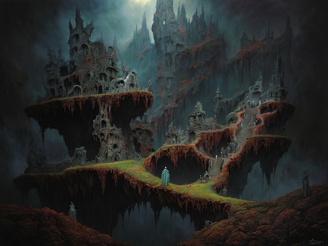 Surreal Dark Landscape with Floating Rocky Formations