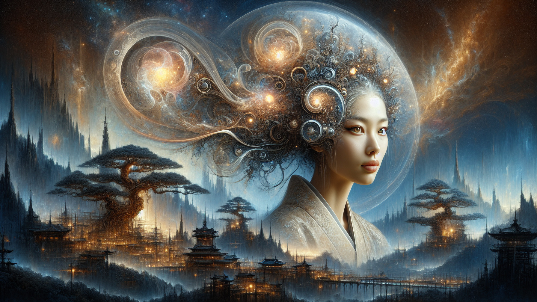 Cosmic Figure in Mystical Landscape with Vibrant Colors