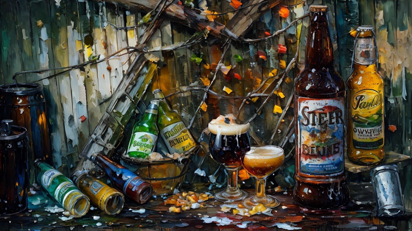 Vibrant Still Life of Beer Bottles and Glasses