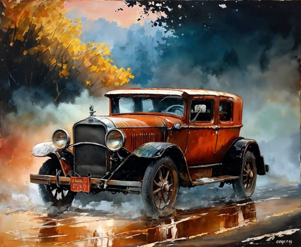 1920s Vintage Car in Misty Autumn Landscape