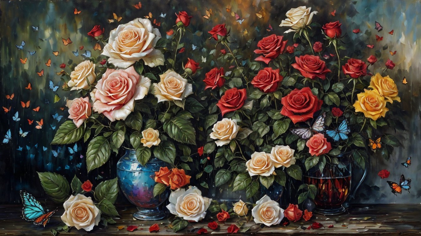 Vibrant Still Life of Roses and Butterflies in Vases