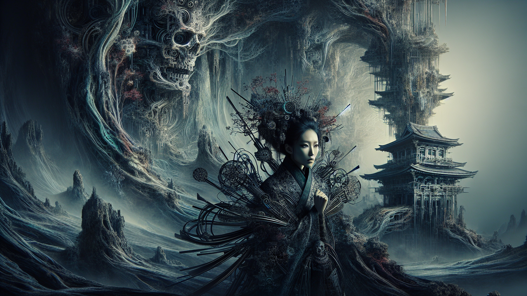 Mystical Figure in Surreal Asian Landscape with Skull