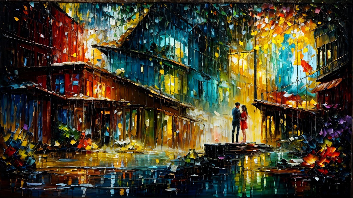 Impressionistic Cityscape with Romantic Couple in Rain