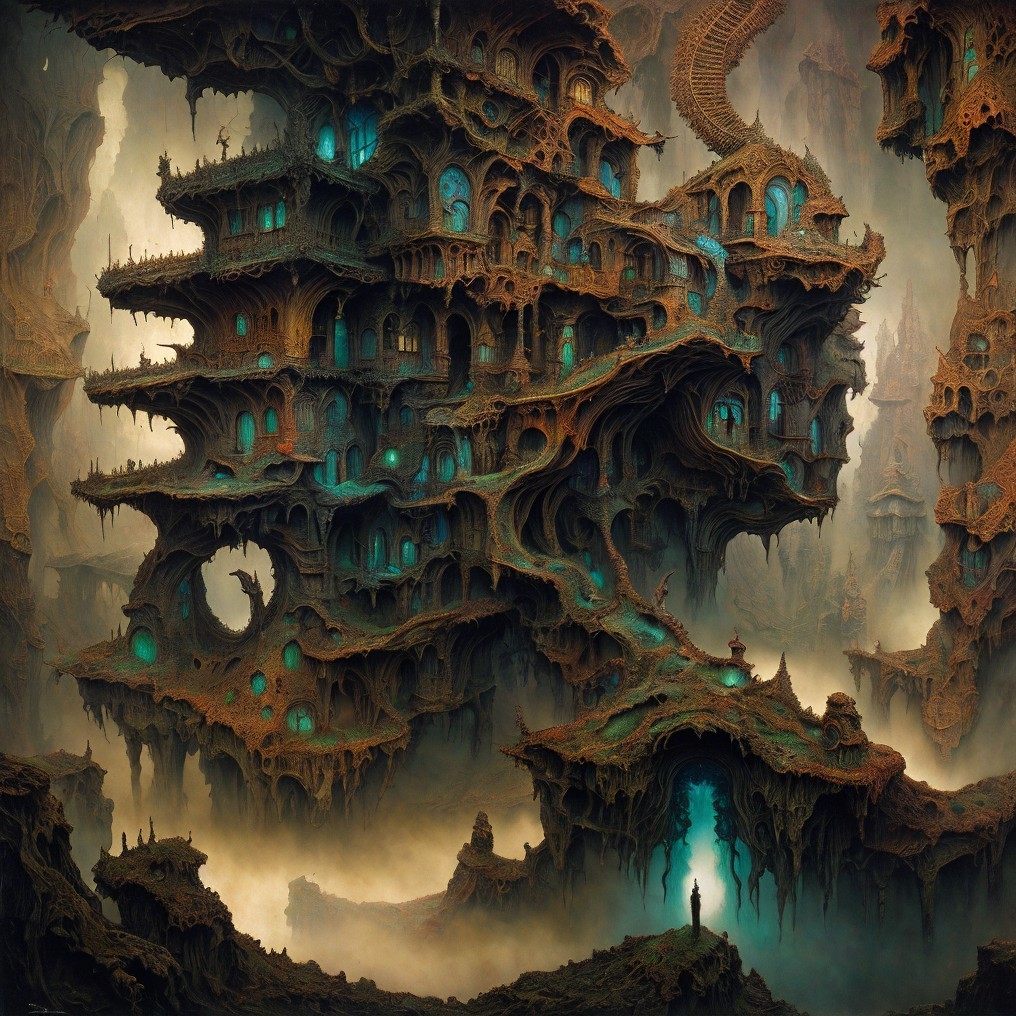 Surreal Landscape with Intricate Multi-Structured Dwelling