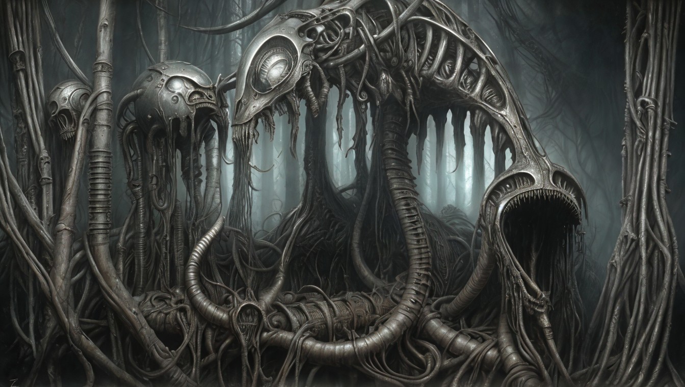Surreal Mechanical Creature in Dark Atmospheric Scene