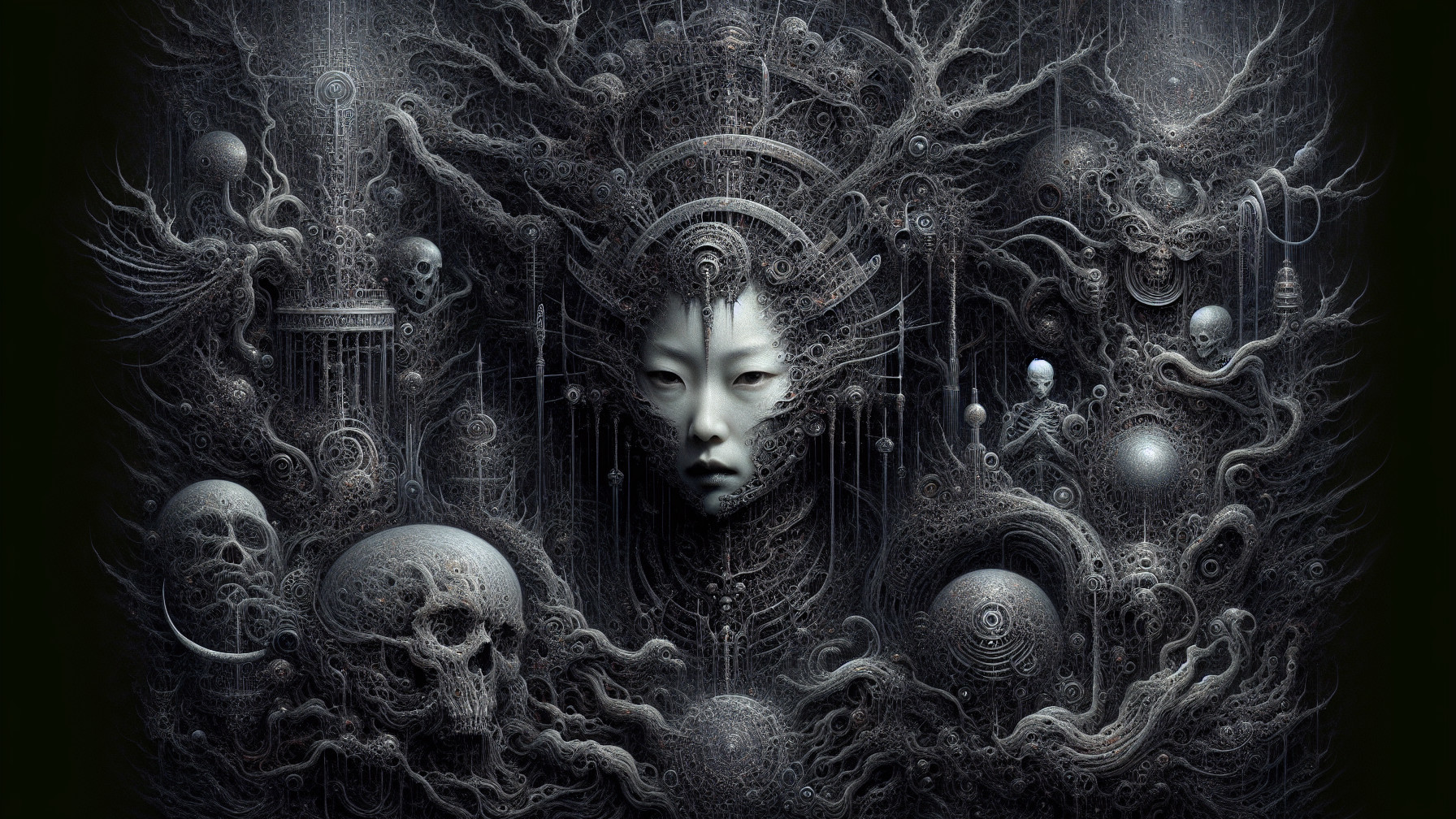 Intricate Face Surrounded by Organic and Mechanical Elements