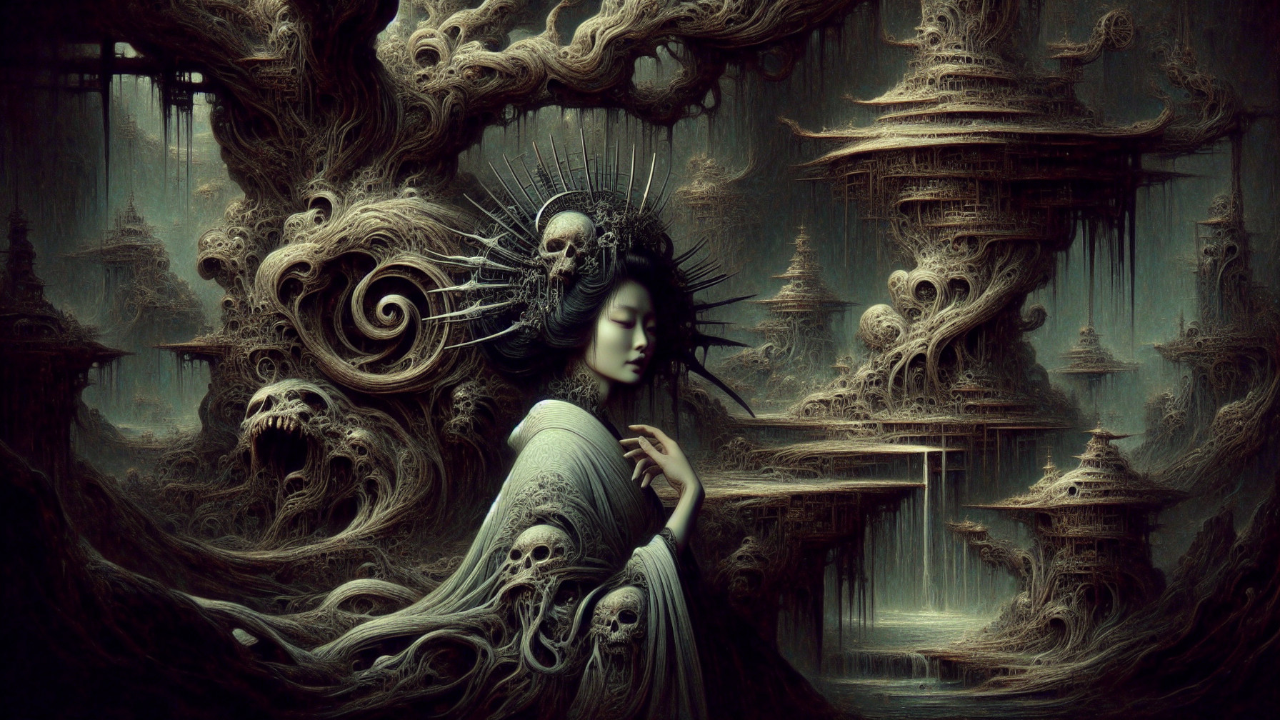 Surreal Dark Landscape with Haunting Figure and Skulls