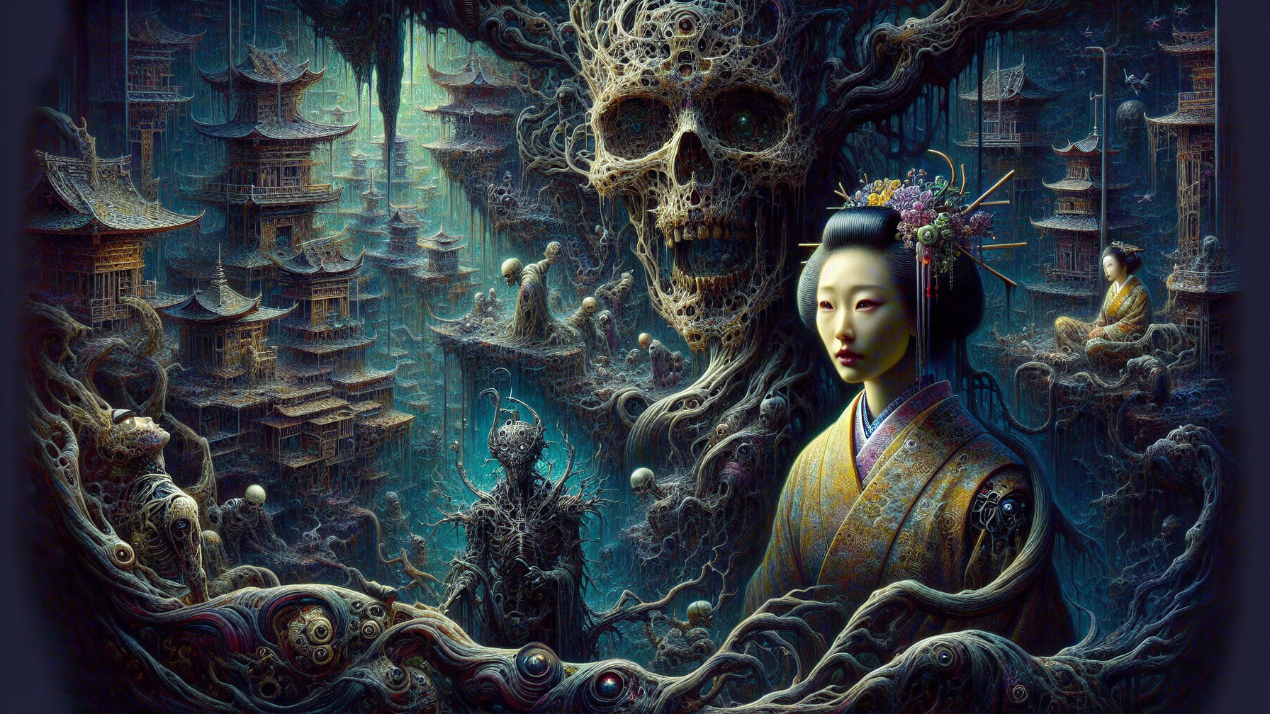 Surreal Japanese Scene with Geisha and Dark Elements