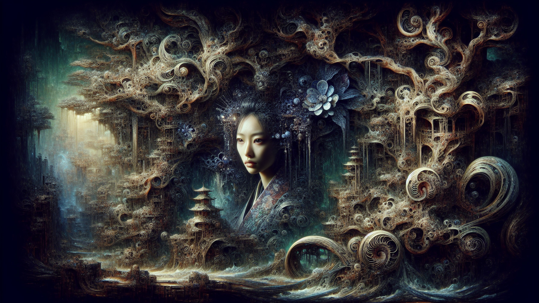 Surreal Woman in Traditional Attire in Dreamlike Landscape