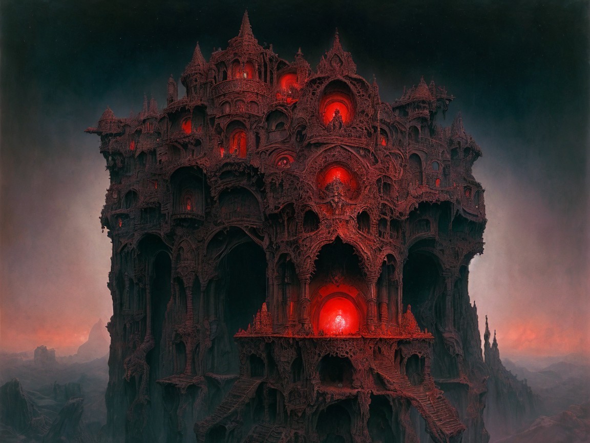 Gothic Fortress in a Shadowy Landscape with Red Glows