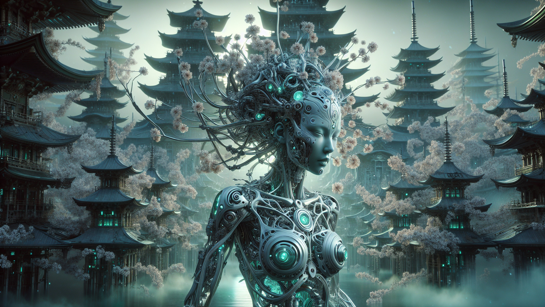 Cyborg Woman in Dystopian Landscape with Pagodas