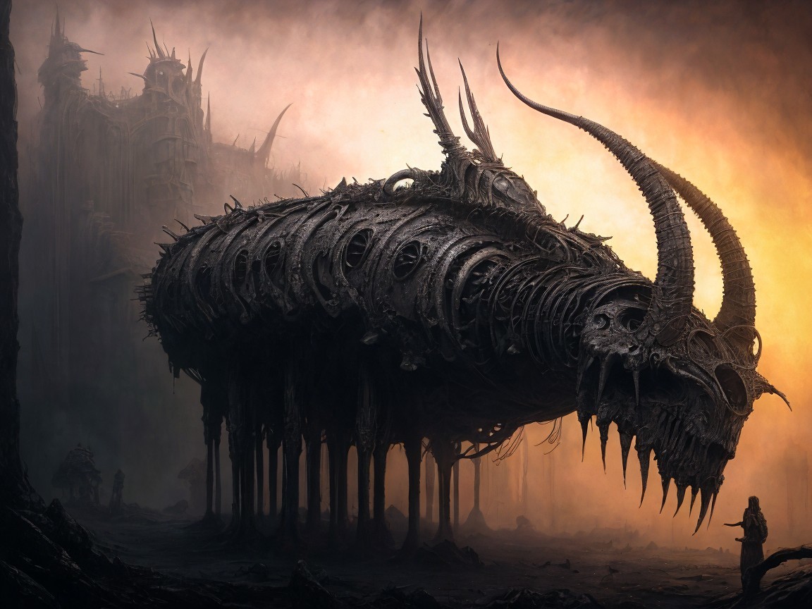 Mechanical Creature in Shadowy Landscape with Figure