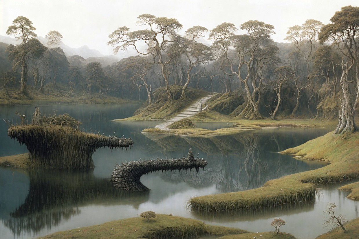 Serene Lake Landscape with Bridge and Unique Island