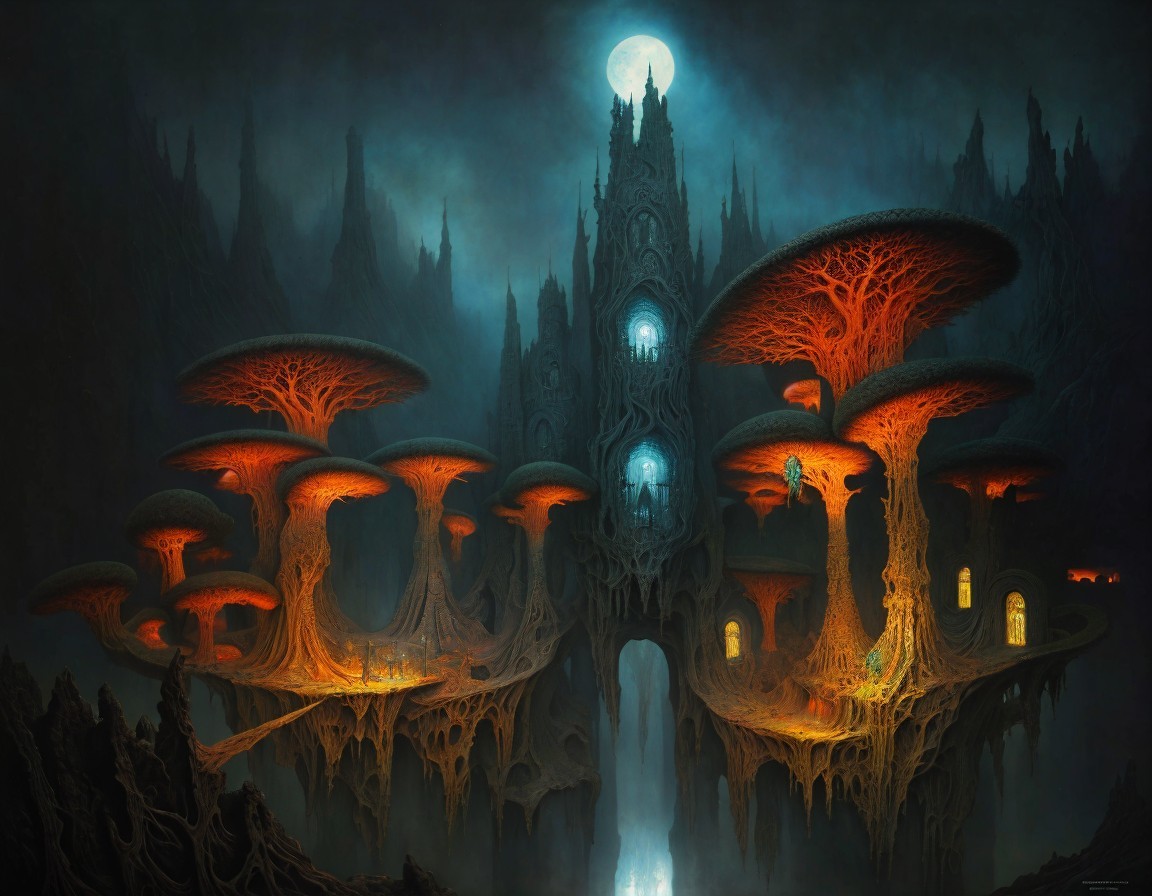 Surreal Landscape with Twisted Structures and Mushrooms