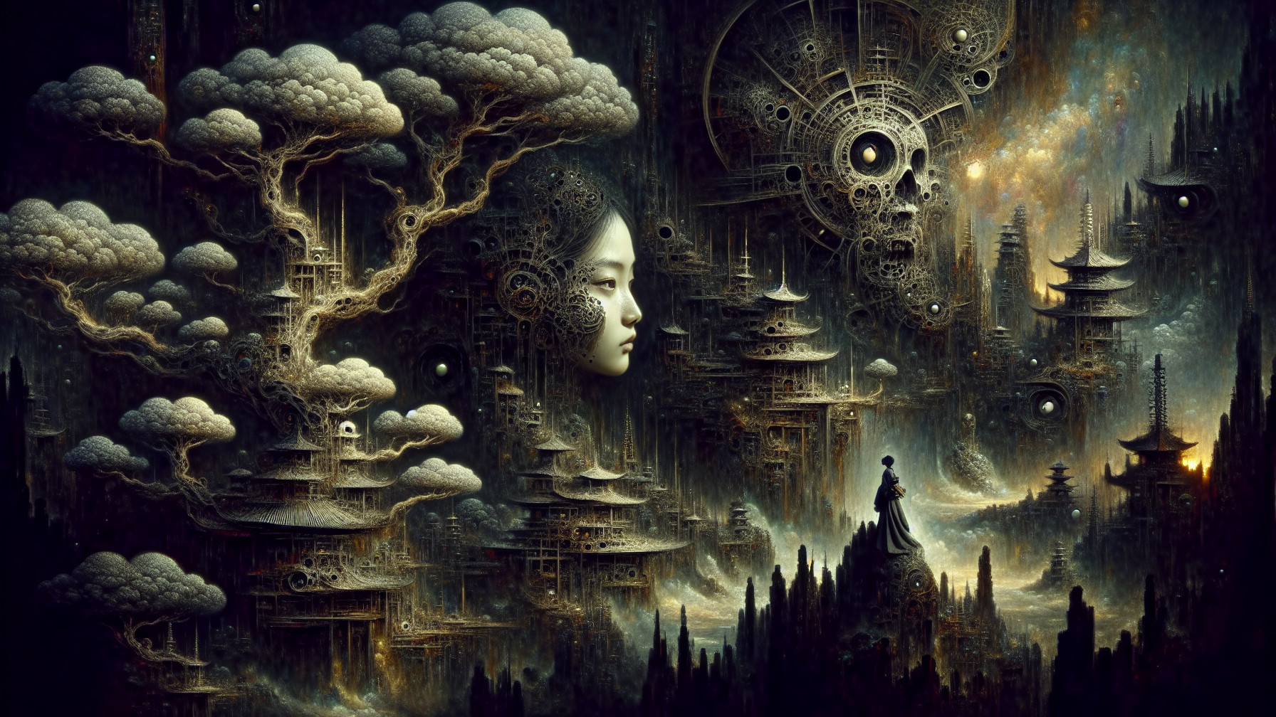 Ornate Digital Painting of Floating Asian Face and Pagodas