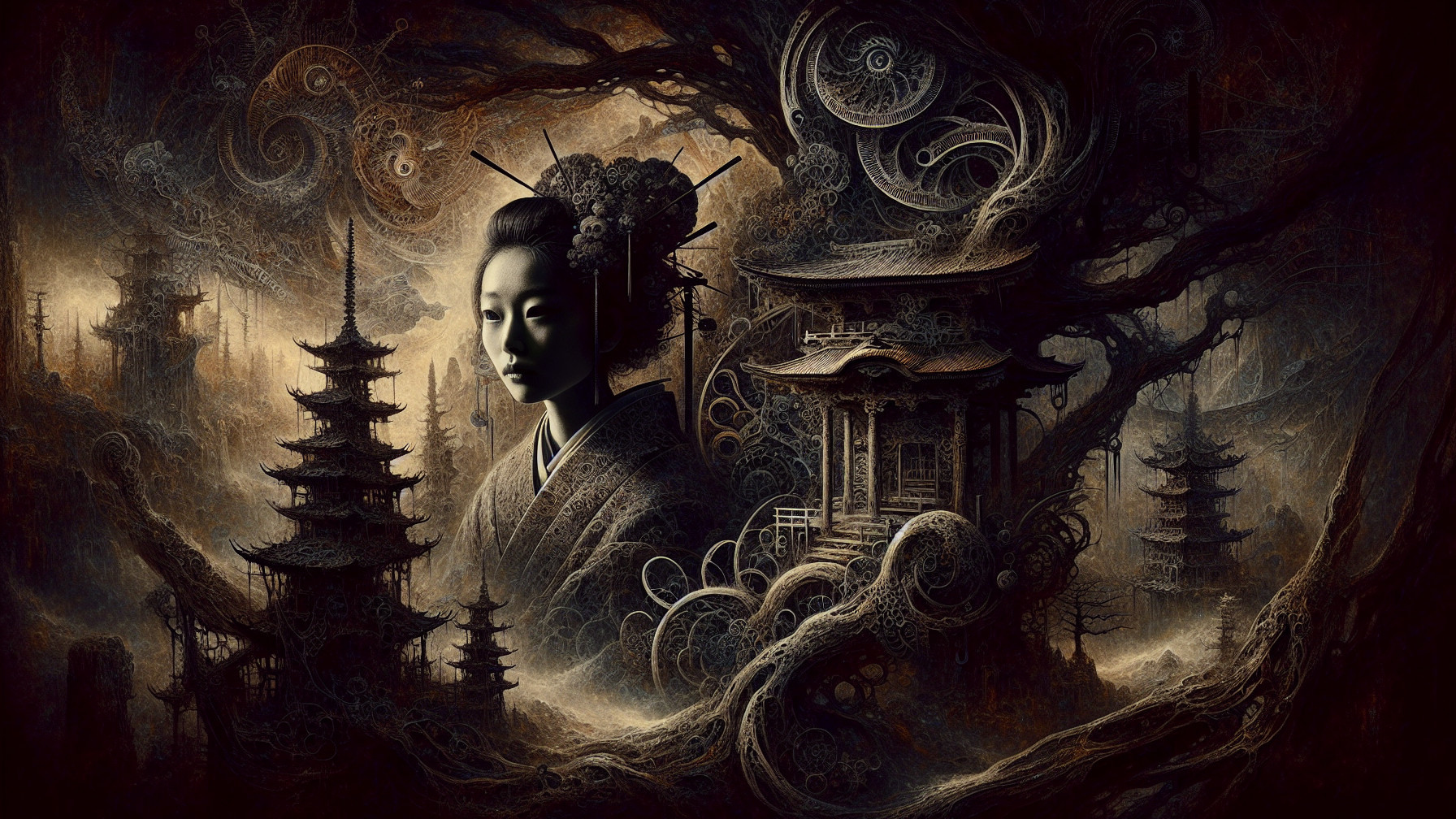 Mystical Japanese Scene with Surreal Elements and Patterns