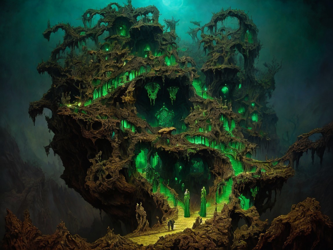 Twisted tree-like structure with eerie green glow